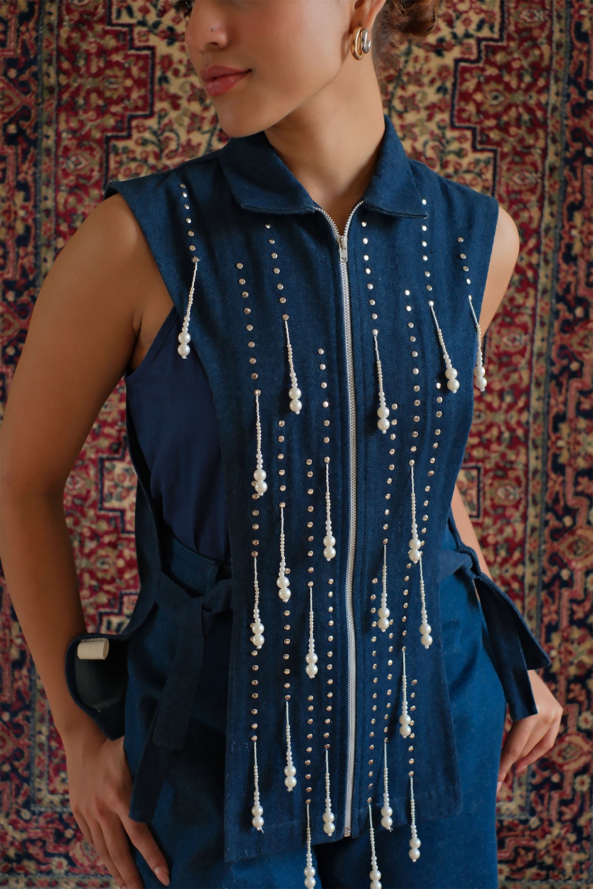 Navy Blue Beaded Denim Jacket