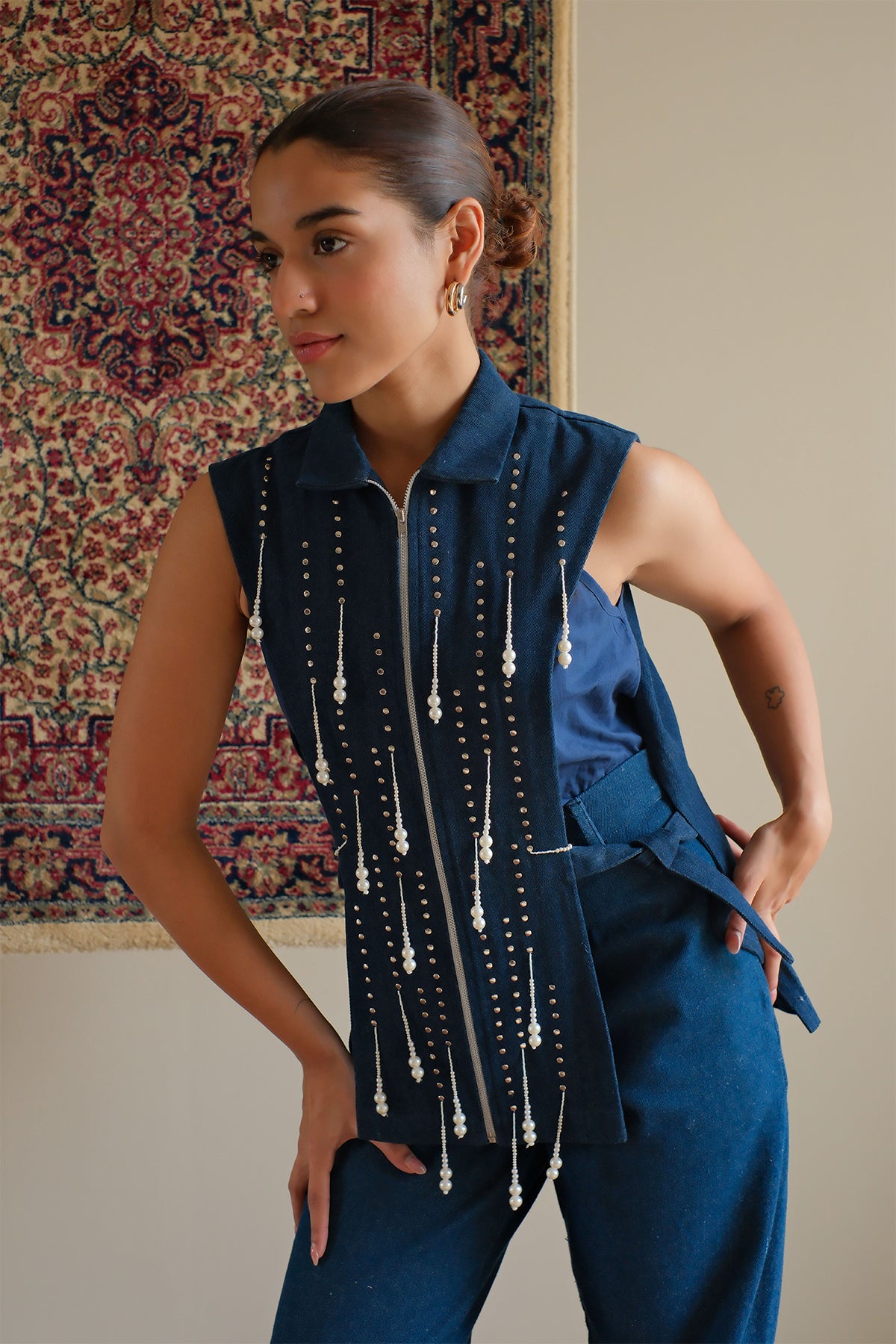 Navy Blue Beaded Denim Jacket