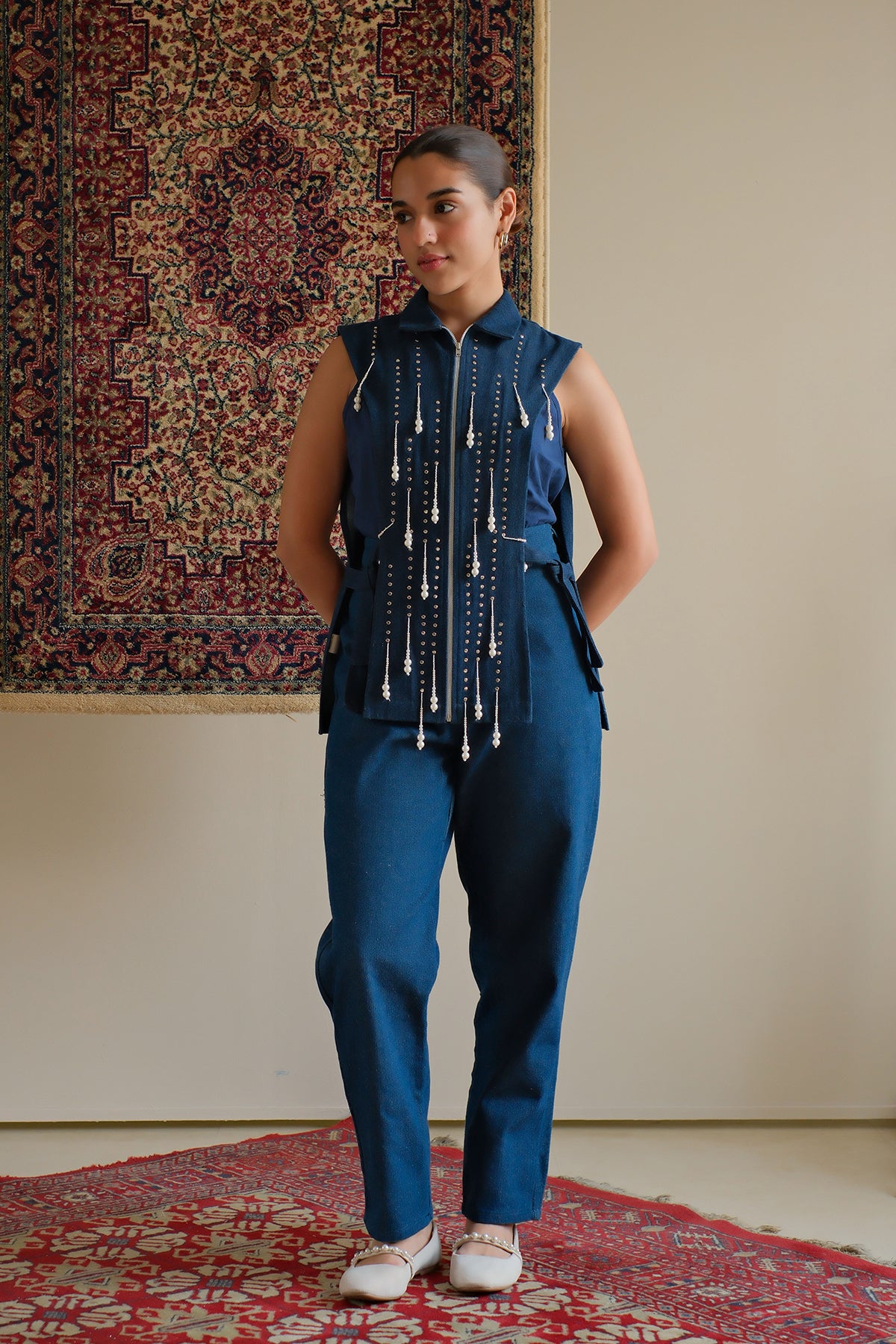 Navy Blue Beaded Denim Jacket