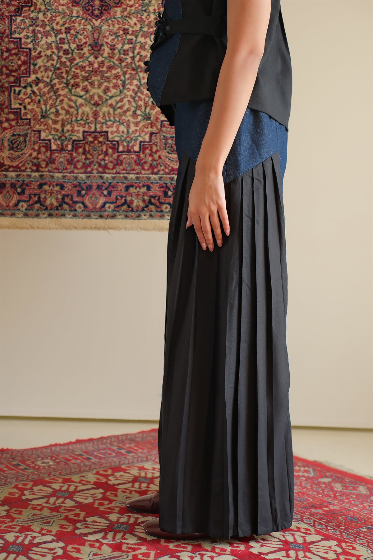 Navy Blue Pleated Denim Pants