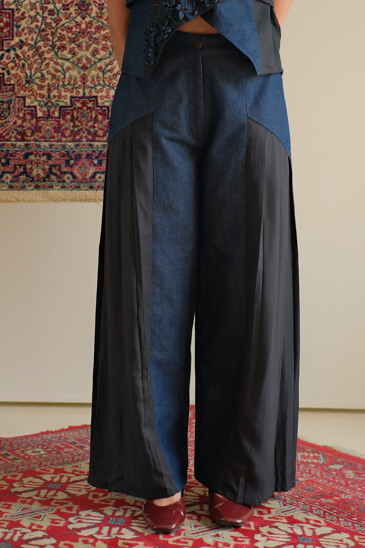 Navy Blue Pleated Denim Pants