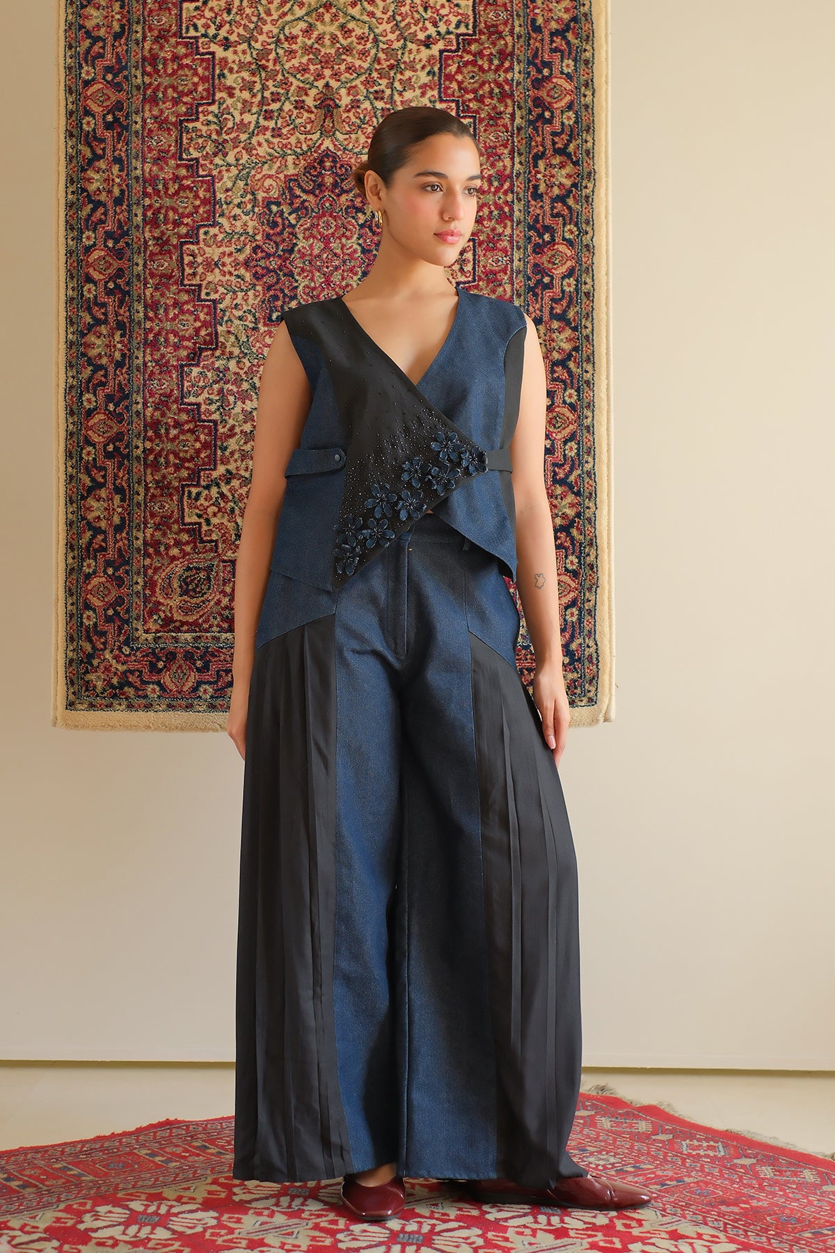 Navy Blue Pleated Denim Pants