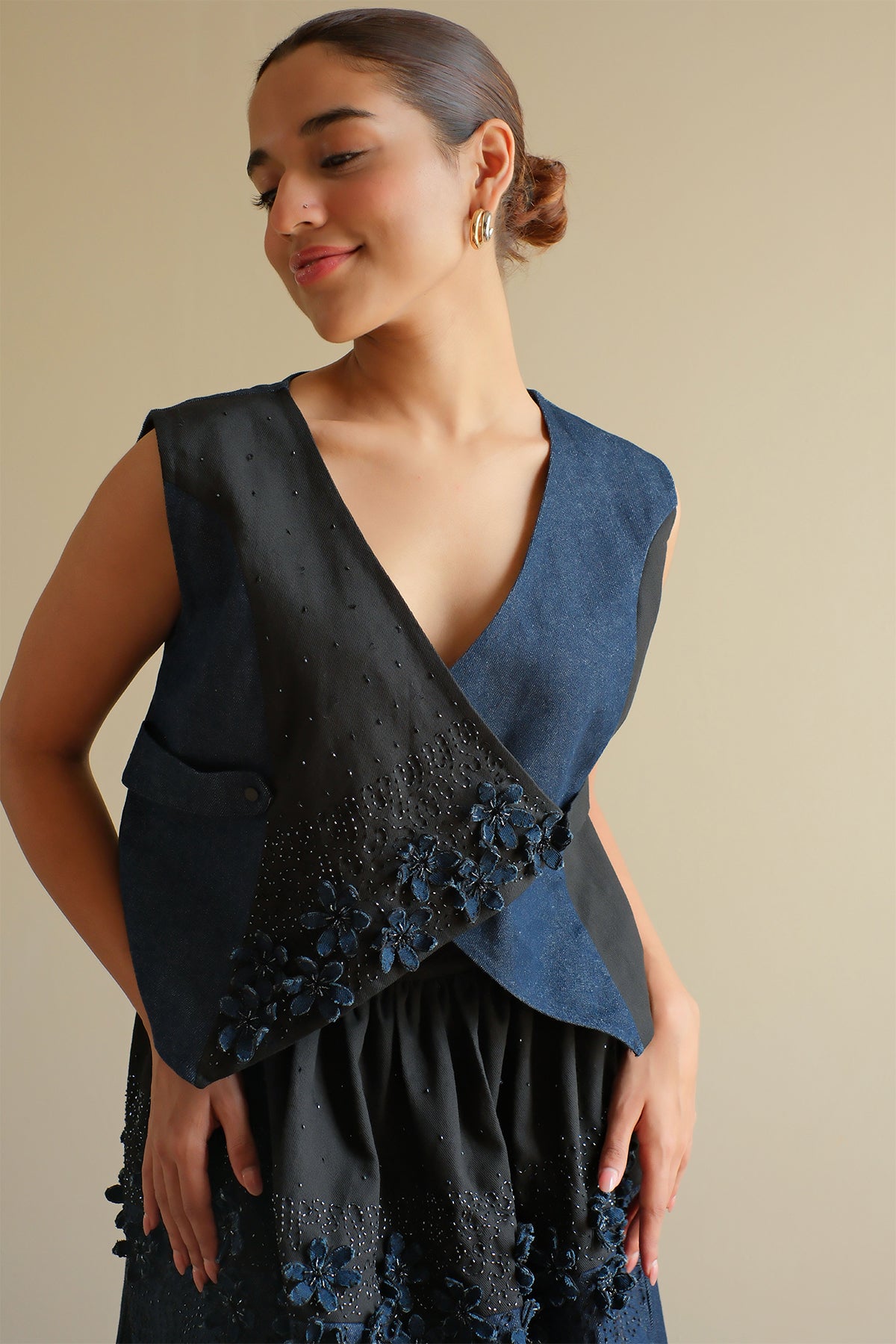 Navy Blue Floral Denim Top