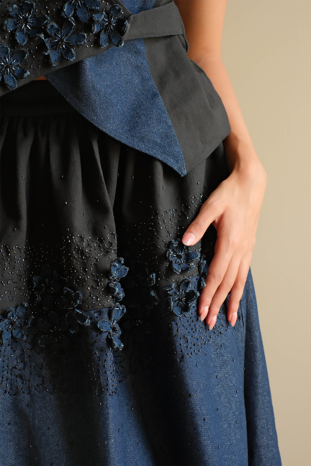 Navy Blue Floral Denim Top