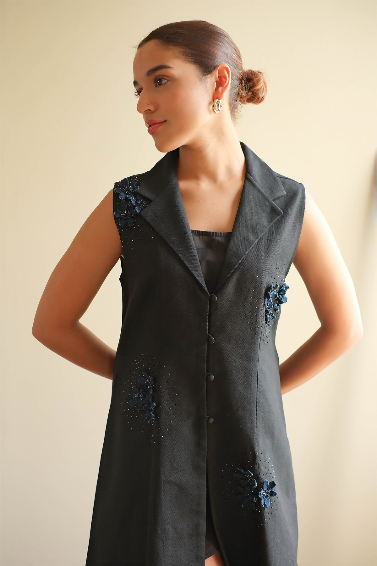 Midnight Black Floral Denim Dress