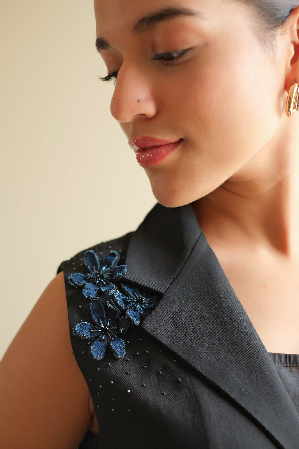 Midnight Black Floral Denim Dress