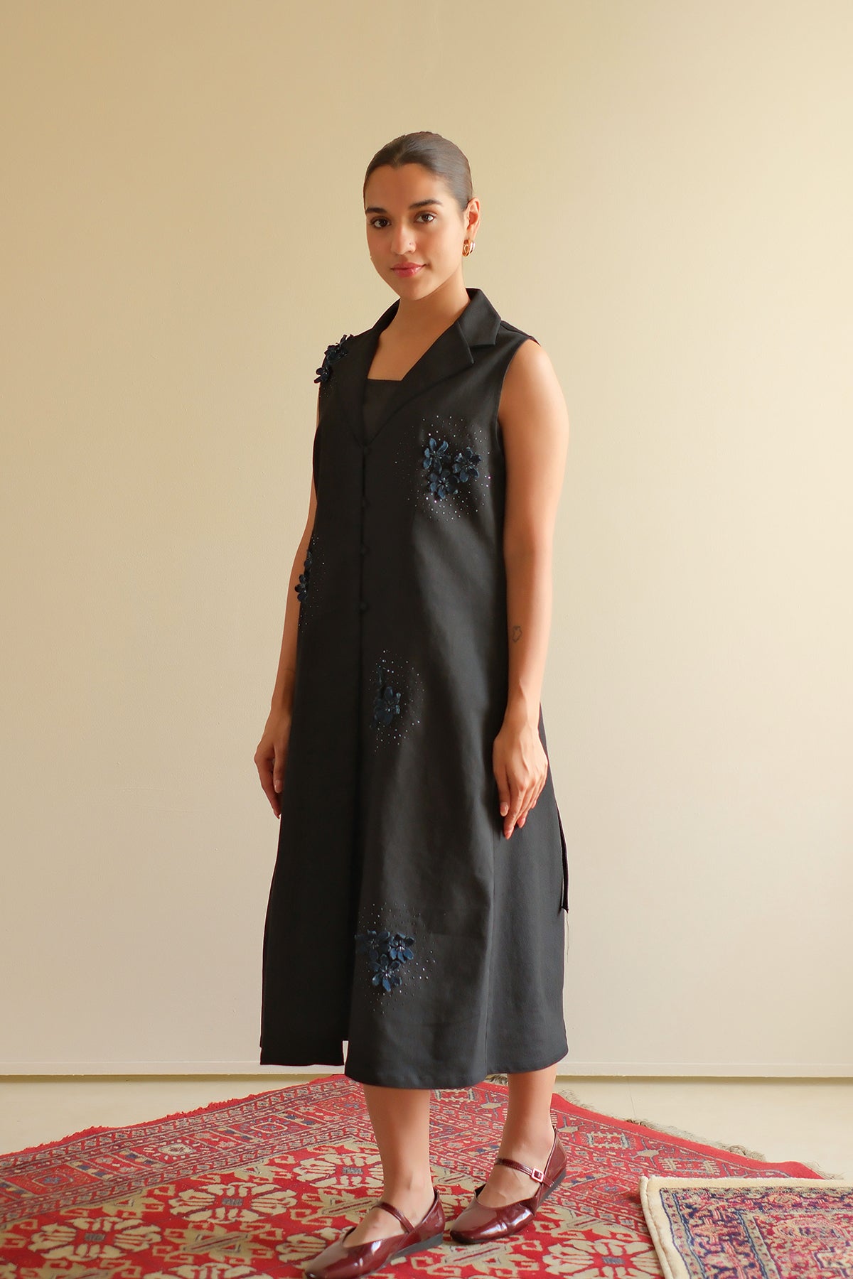 Midnight Black Floral Denim Dress
