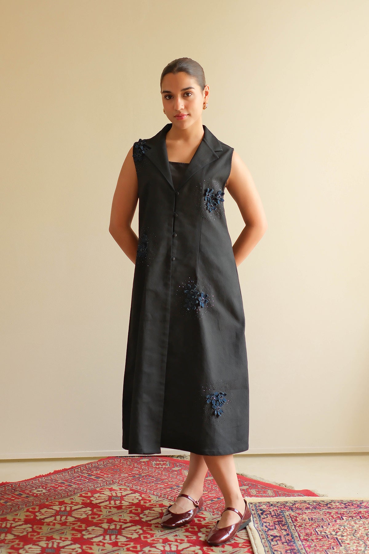 Midnight Black Floral Denim Dress