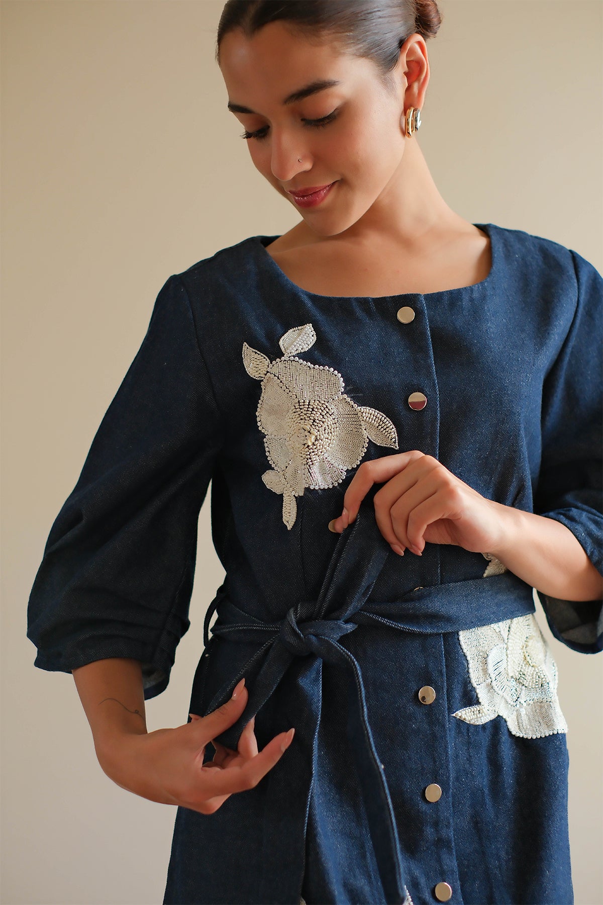 Navy Blue Denim Floral Dress