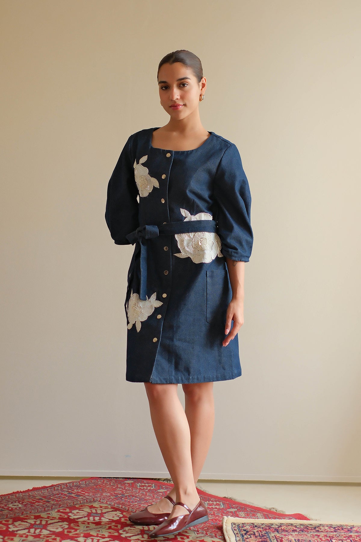 Navy Blue Denim Floral Dress