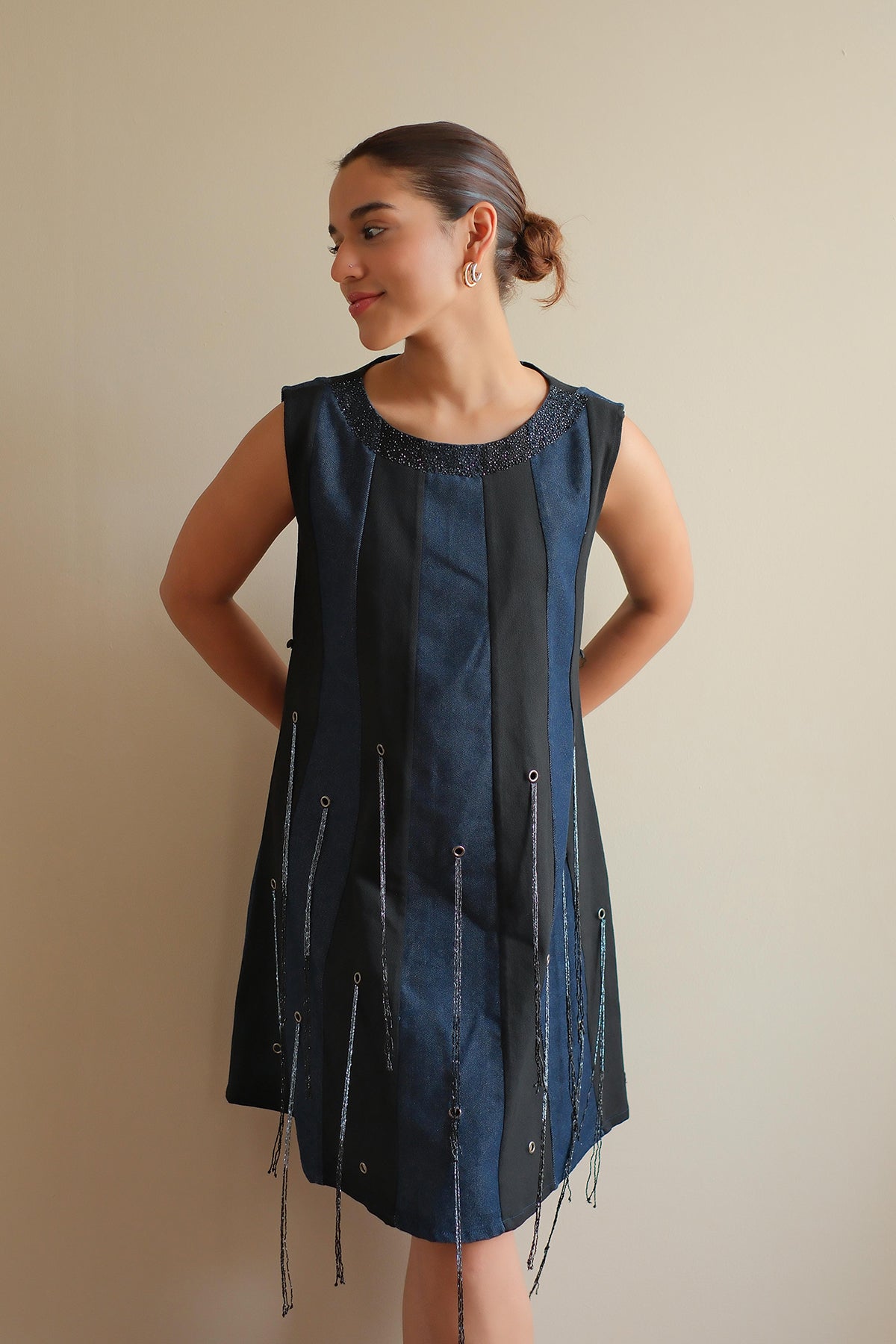 Navy Blue Panelled Denim Dress