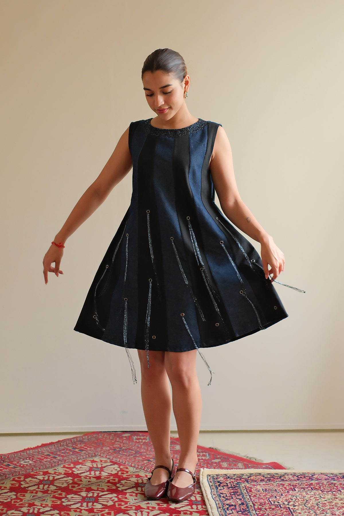 Navy Blue Panelled Denim Dress