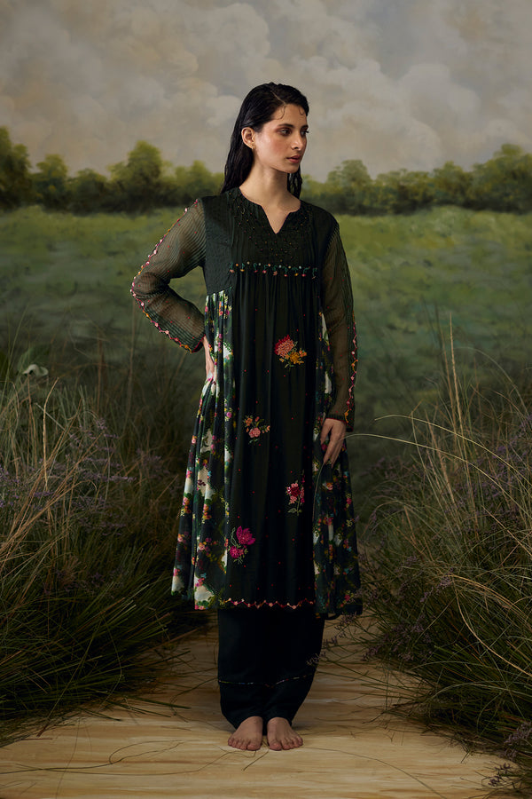 Forest green gathered kurta