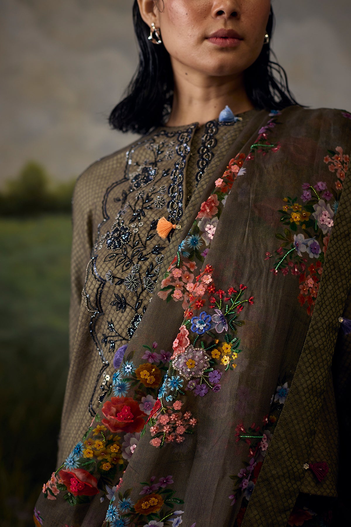 Dusty grey floral saree