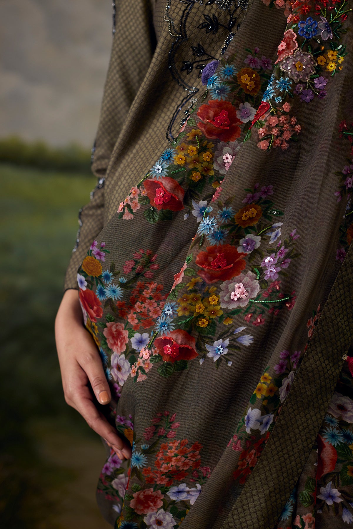Dusty grey floral saree