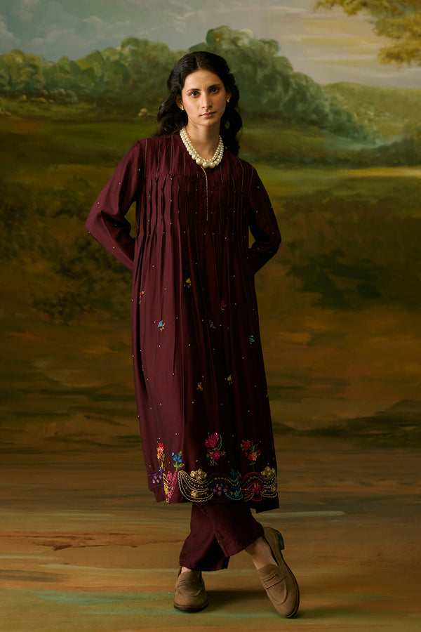 Crimson smocked kurta