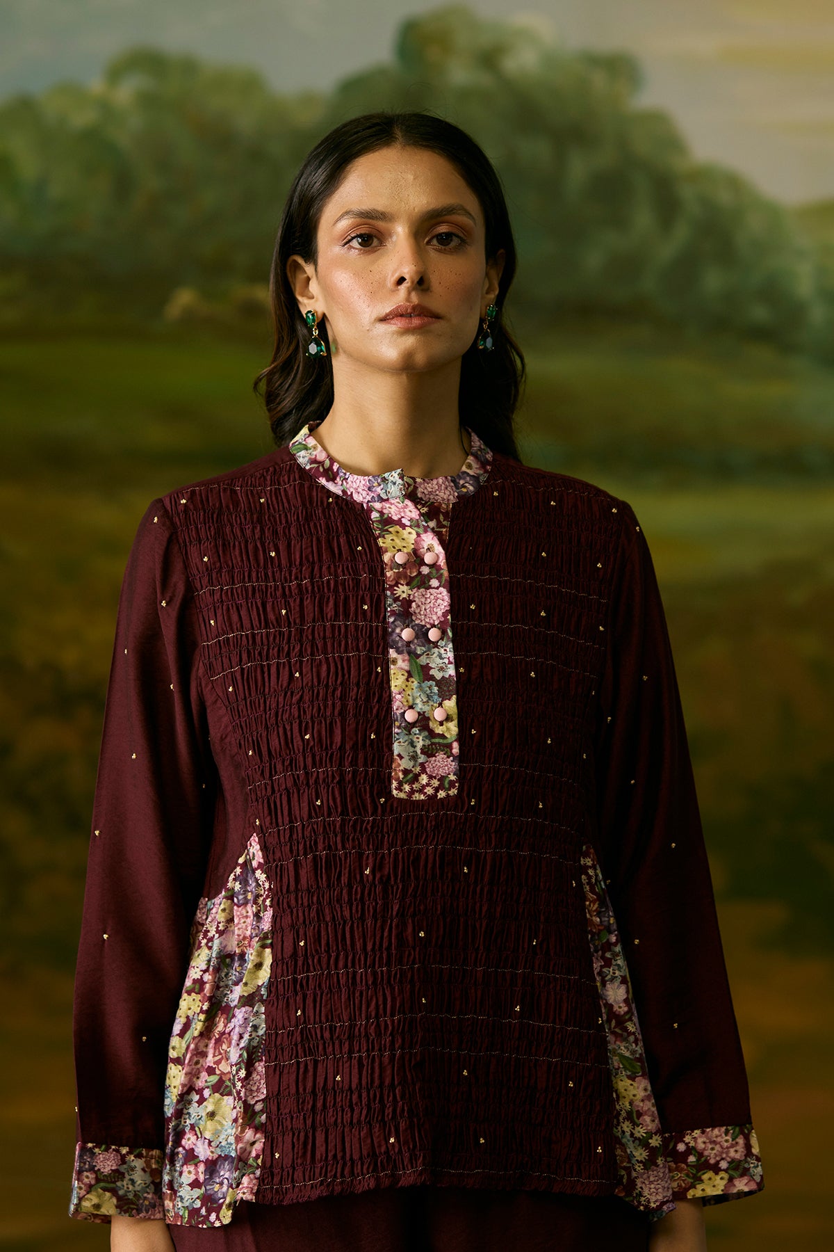 Crimson smocked top