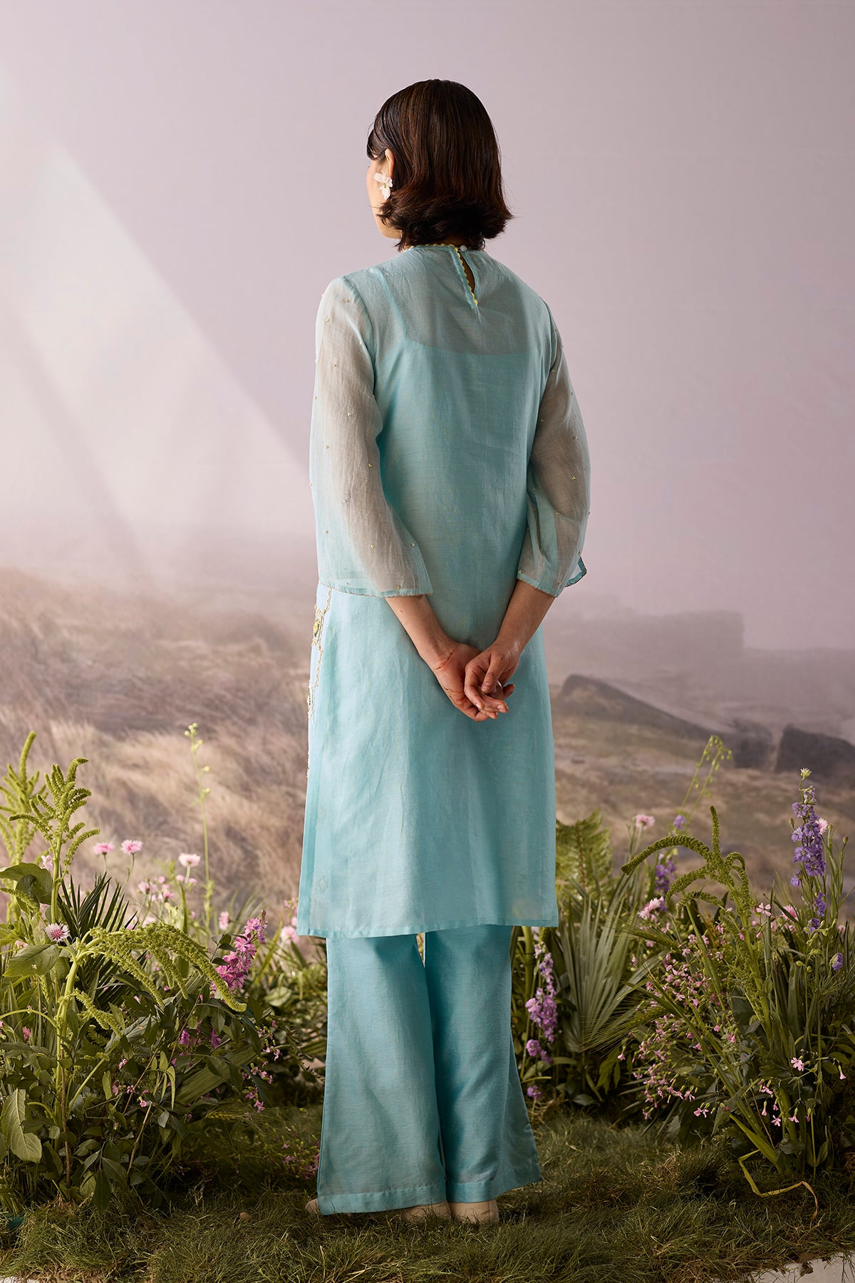 Azure Beaded Checkered Kurta