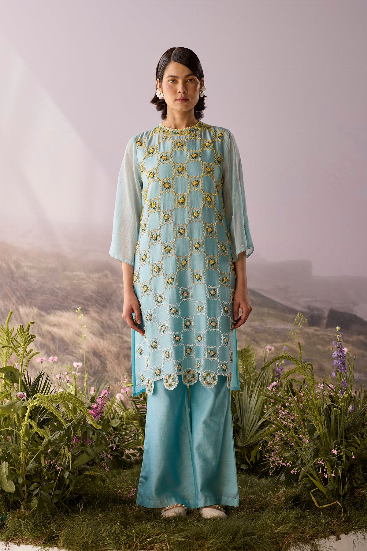 Azure Beaded Checkered Kurta