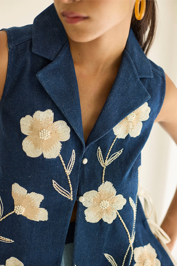 Navy Blue Floral Denim Jacket