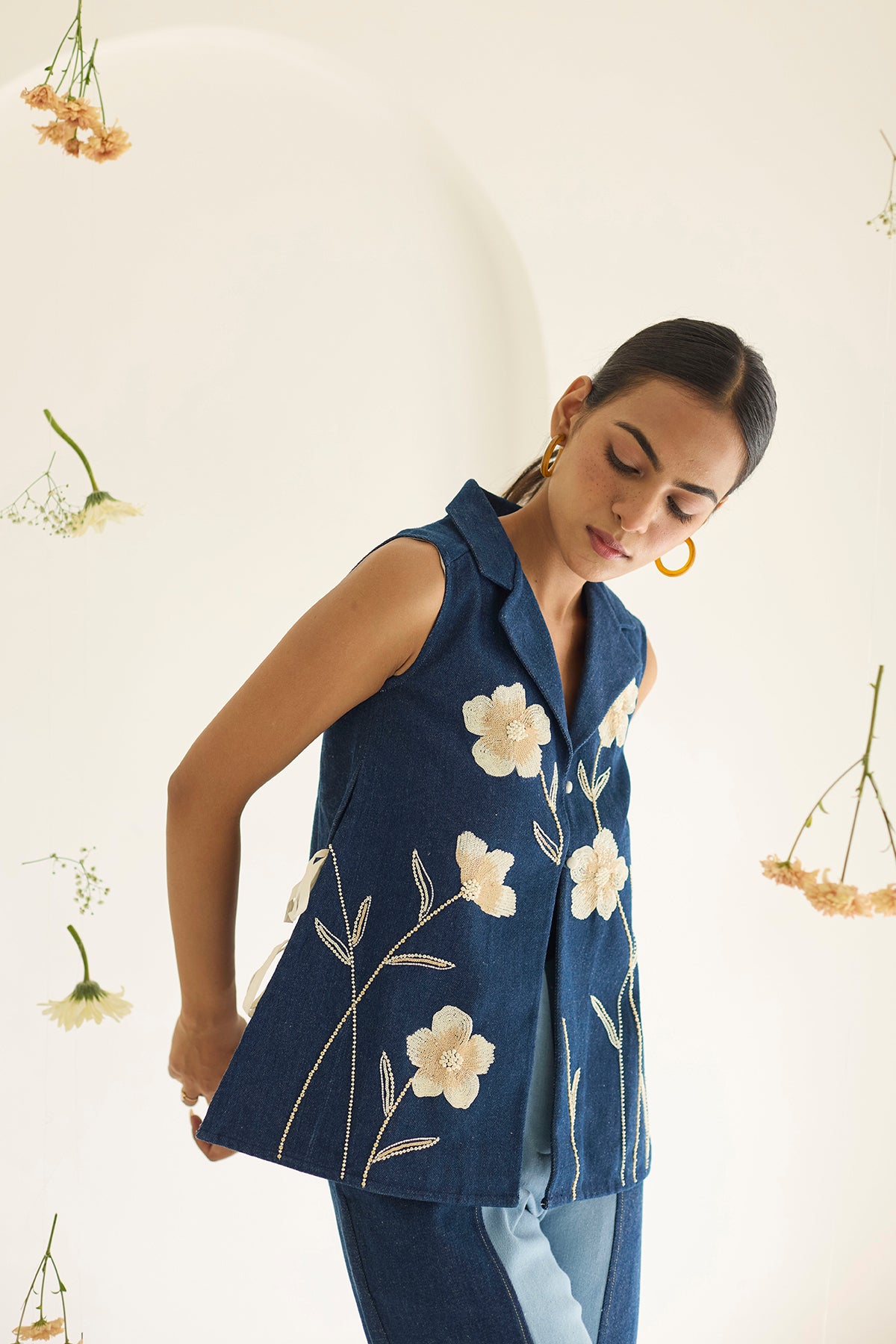 Navy Blue Floral Denim Jacket