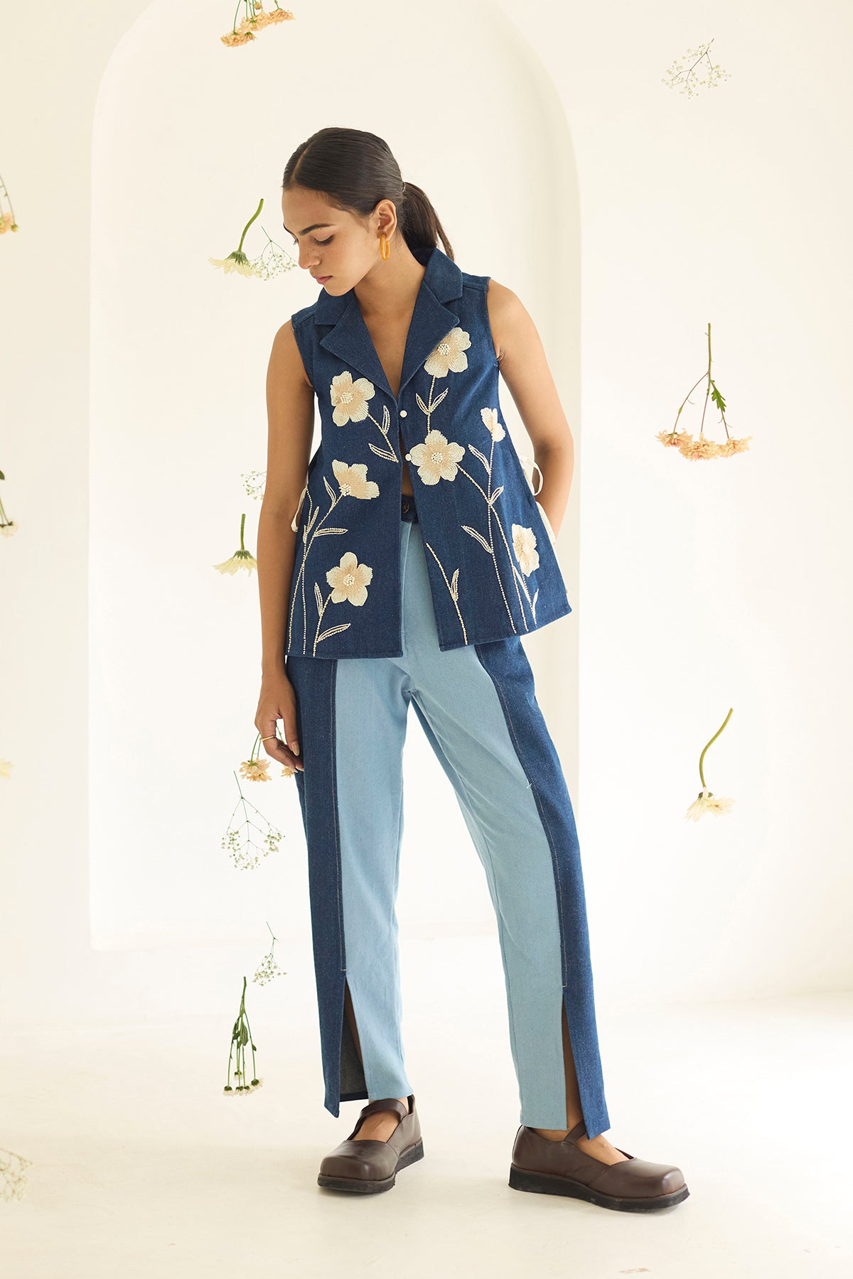 Navy Blue Floral Denim Jacket