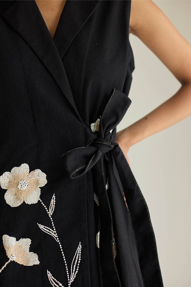 Black Floral Wrap Denim Dress