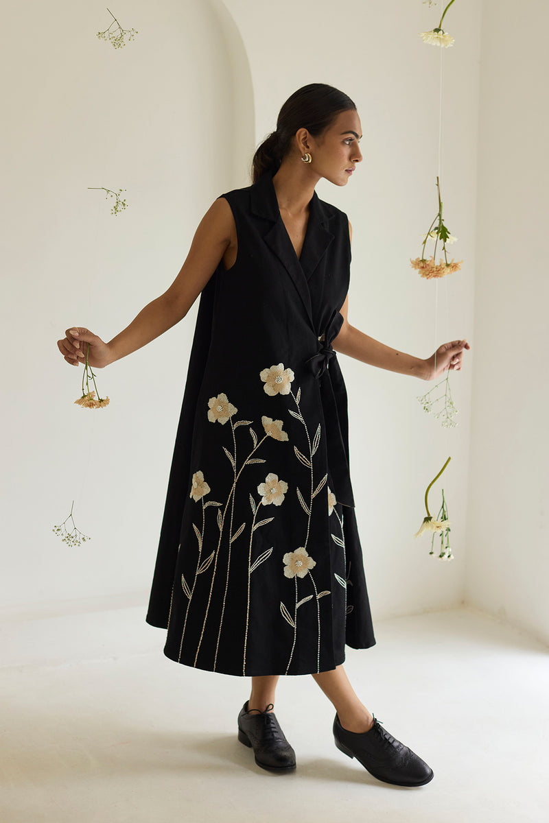 Black Floral Wrap Denim Dress