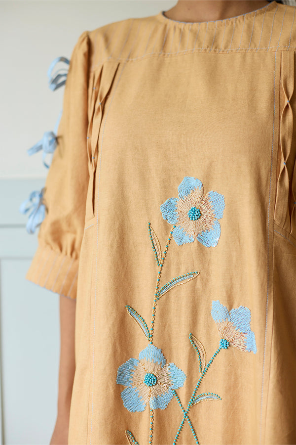 Sand Floral Denim Dress