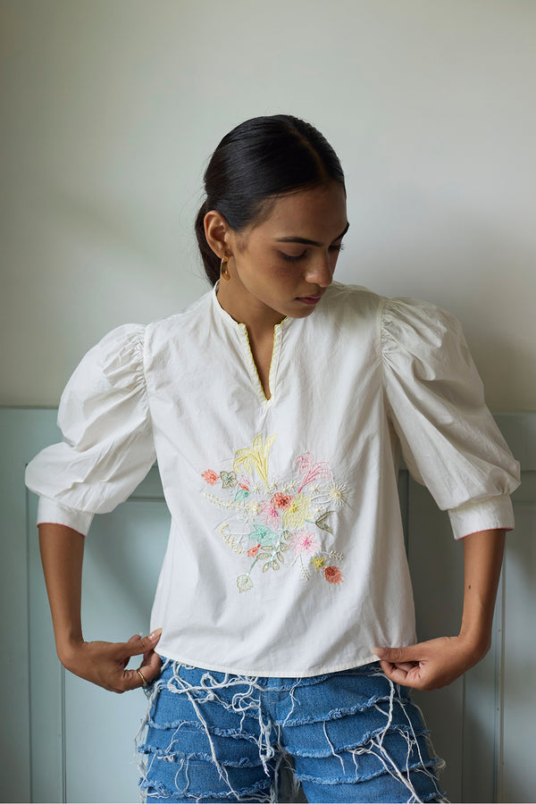 White Embroidered Cropped Top