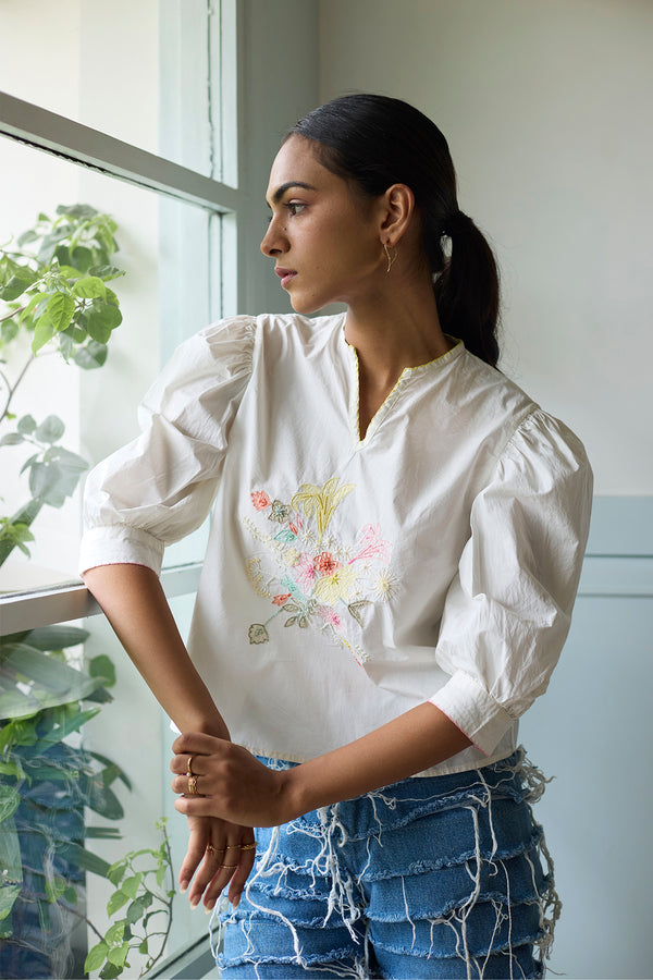 White Embroidered Cropped Top