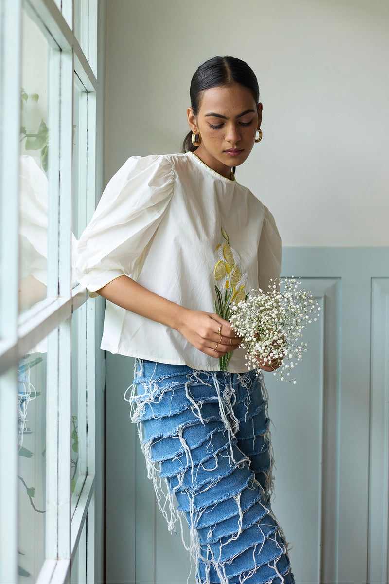 White Floral Cropped Top