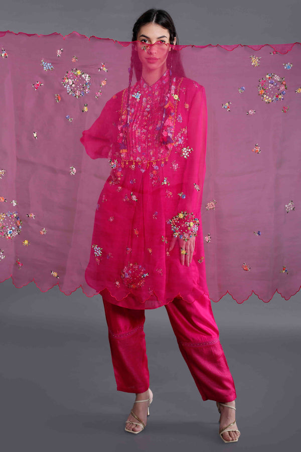 Rani Pink Organza Embroidered Dupatta