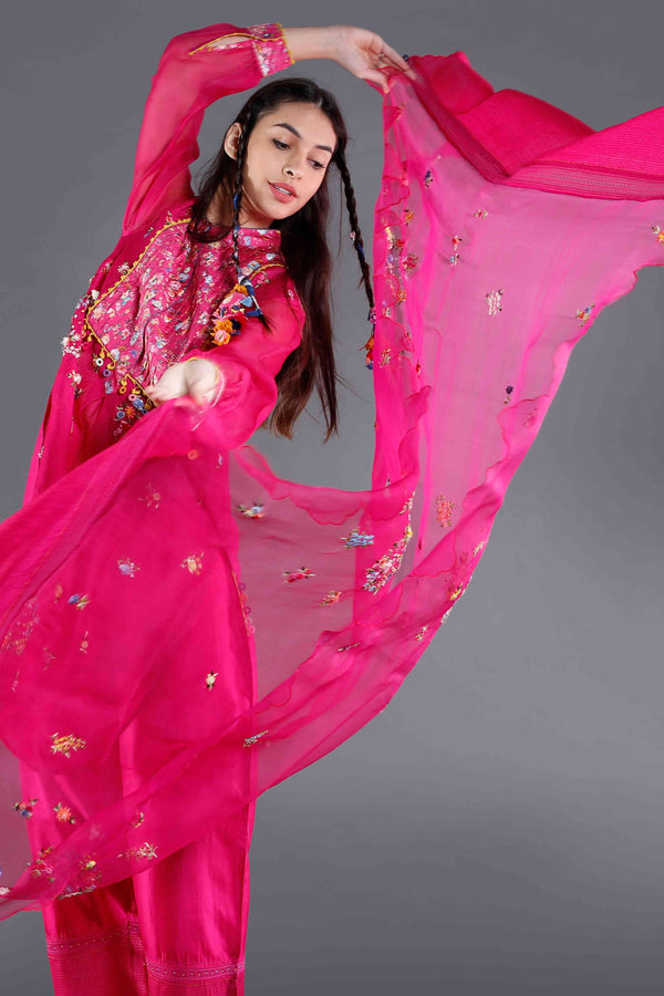 Rani Pink Organza Embroidered Dupatta