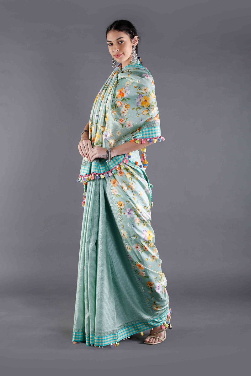 Bagaan Mint Floral Silk Saree