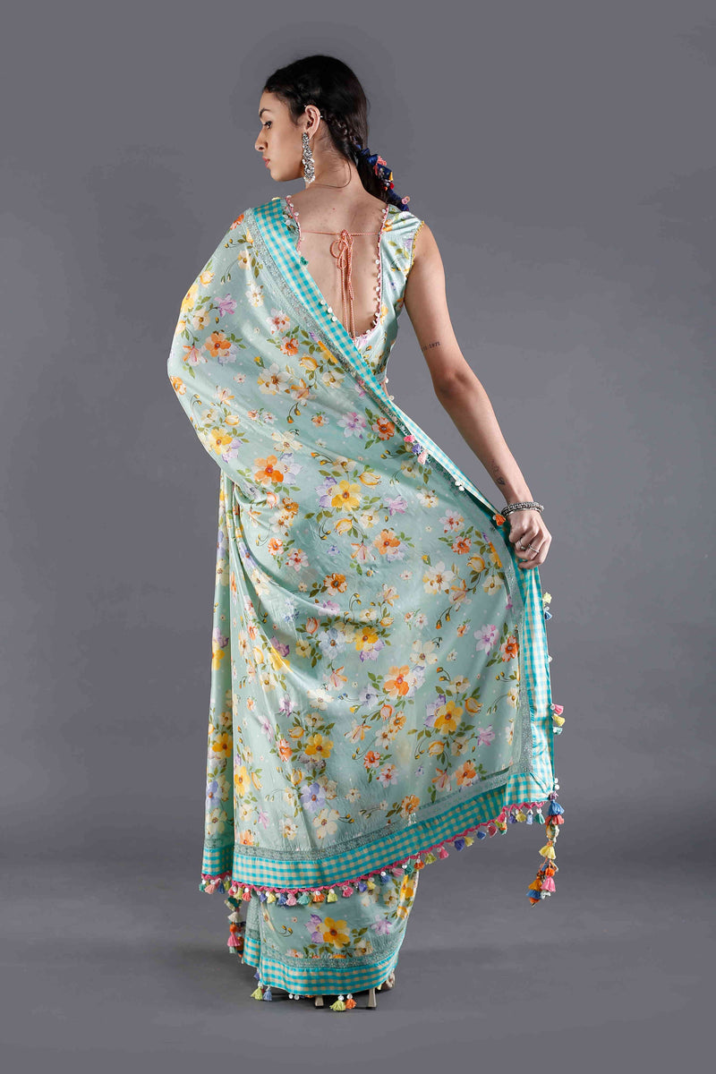 Bagaan Mint Floral Silk Saree