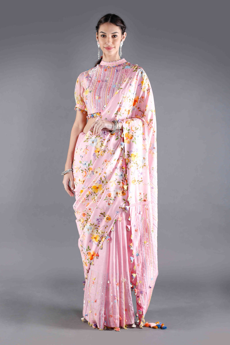 Gulaab Pink Floral Silk Saree