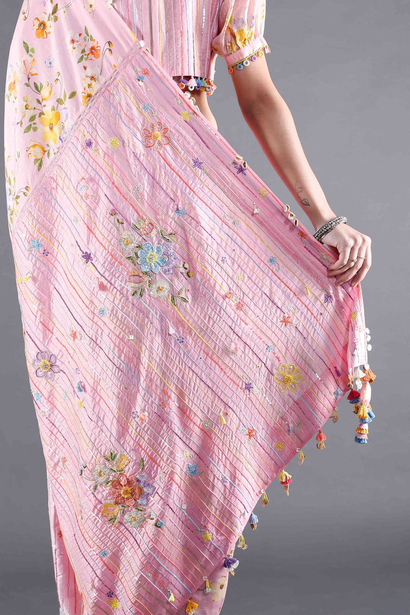 Gulaab Pink Floral Silk Saree