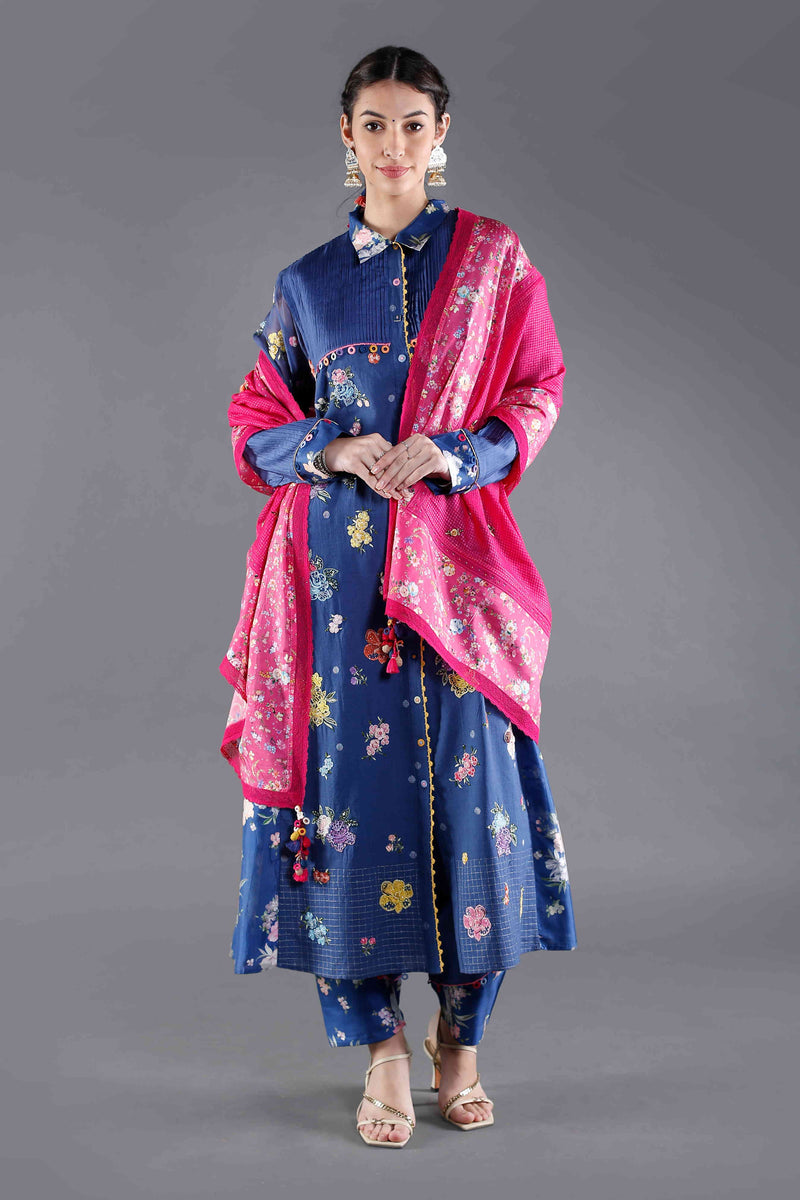 Ambar Blue Rani Pink Kurta Set