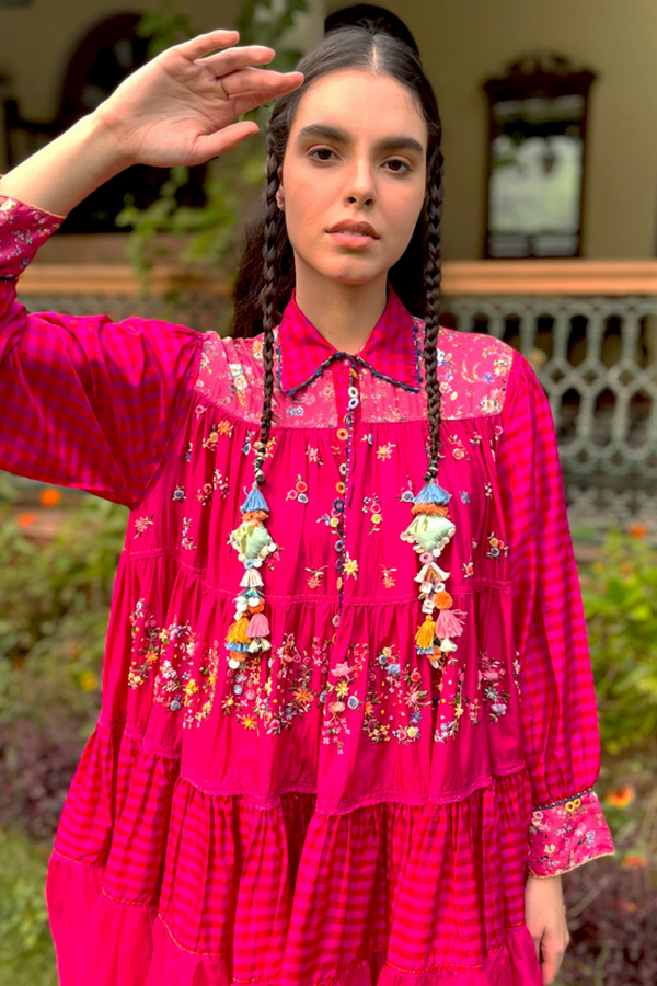 Rani Pink Gathered Tier Embroidered Dress