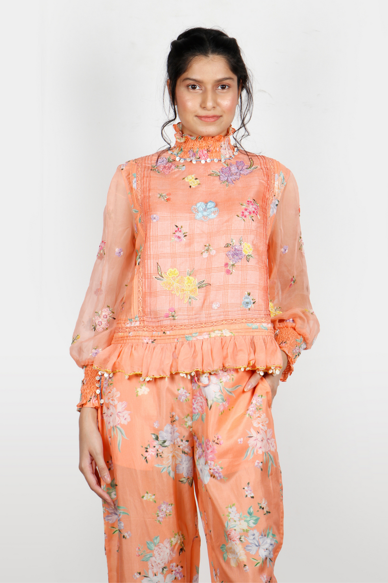 Kesar Floral Embroidered Silk Top