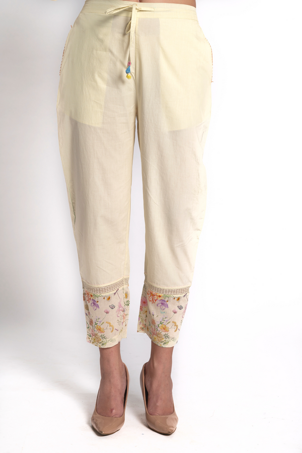 Ivory Cotton Printed Pants