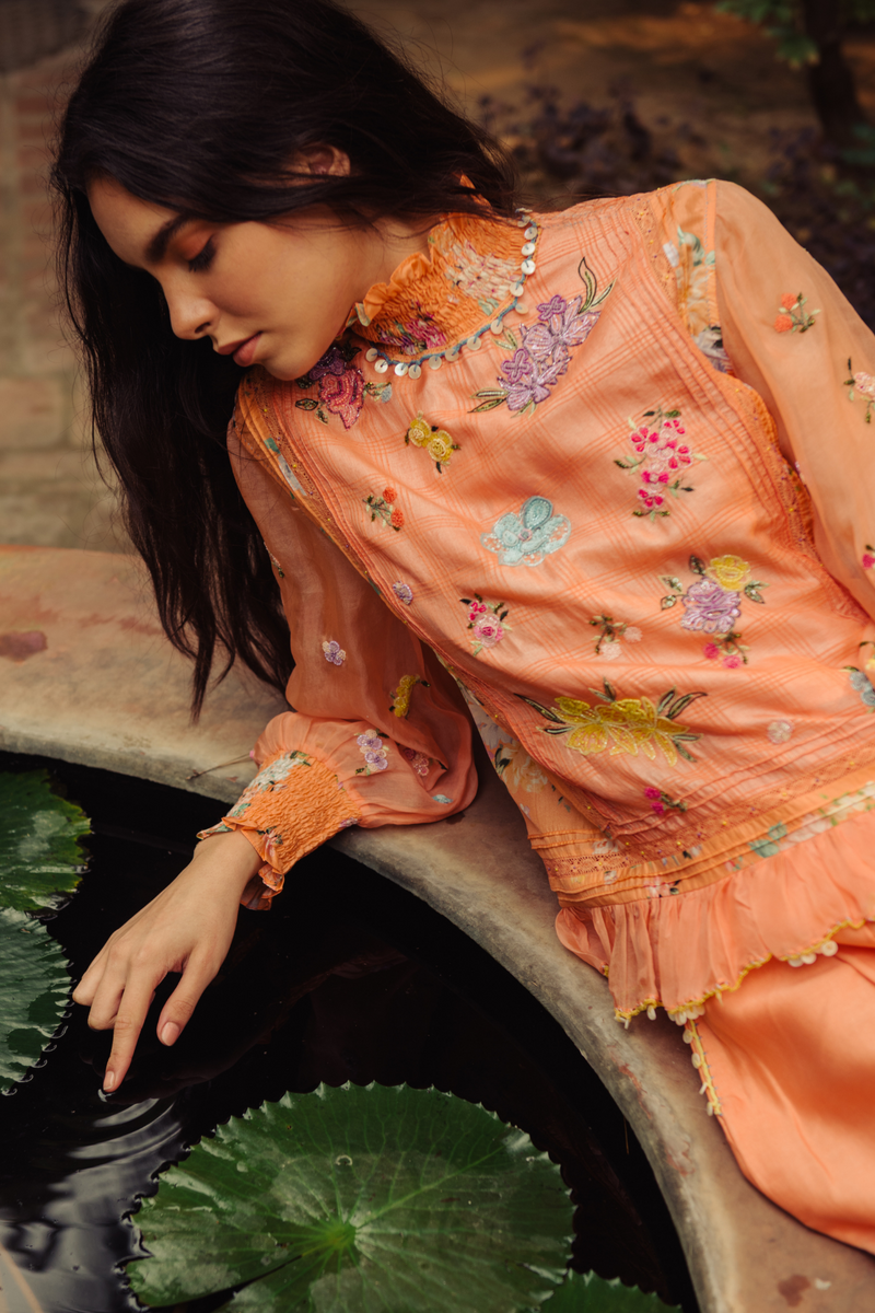 Kesar Floral Embroidered Silk Top