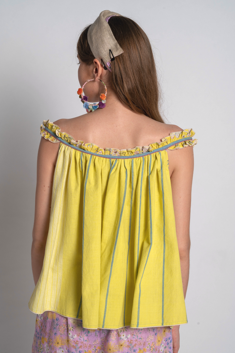 Lemon Stripe Embroidered Top