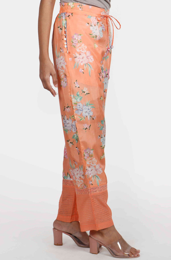 Kesar Orange Floral Print Silk Pants