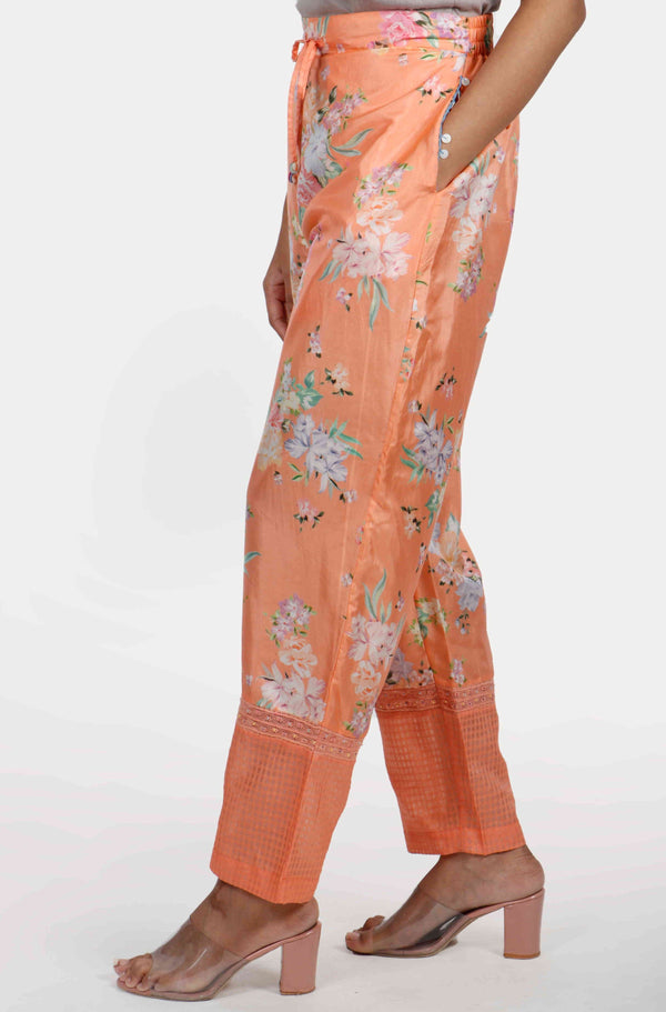 Kesar Orange Floral Print Silk Pants