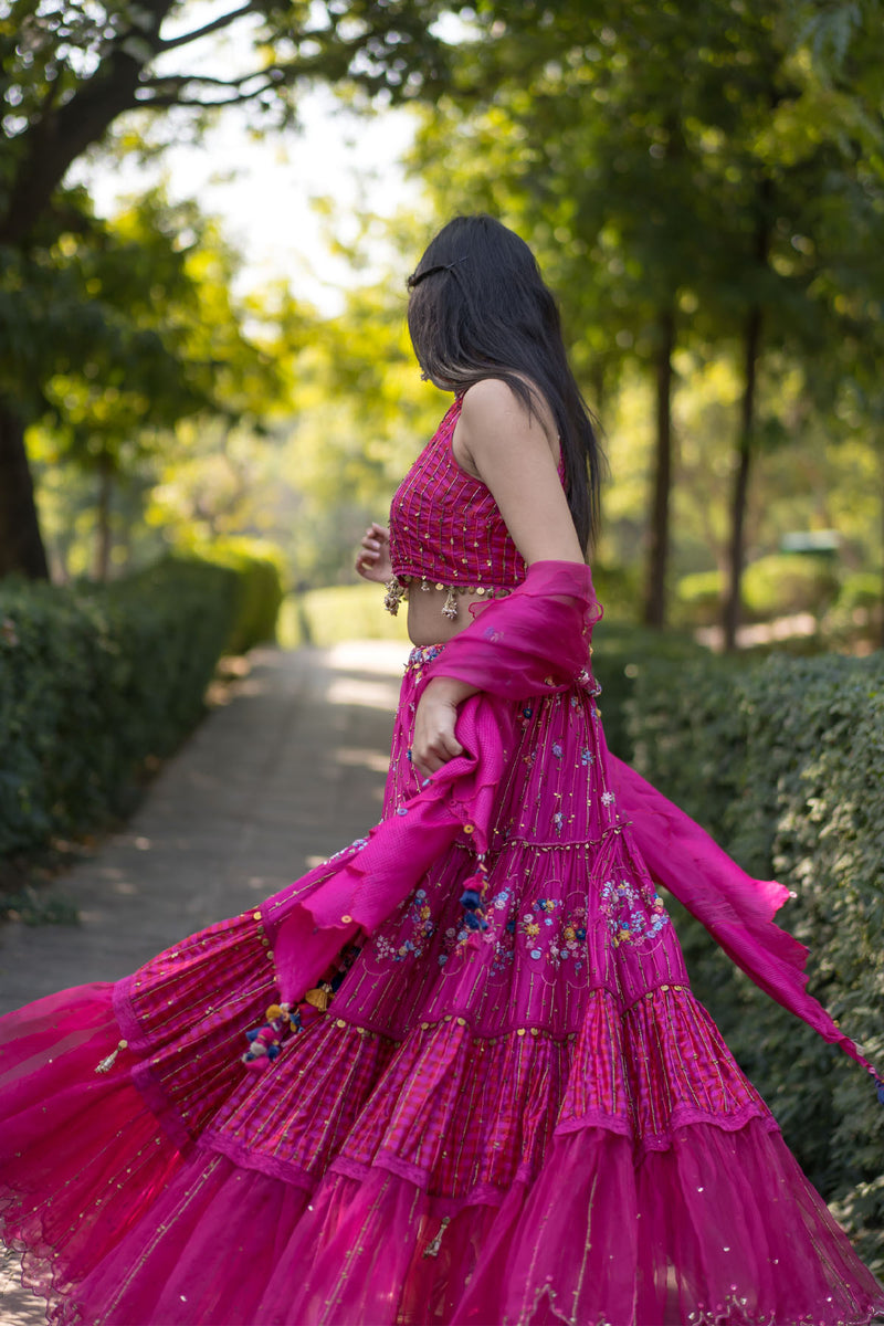 lovely Rani-pink dori, zarkan, and resham embroidered raw Silk Semi  Stitched Bridal Lehenga - MEGHALYA - 3748738
